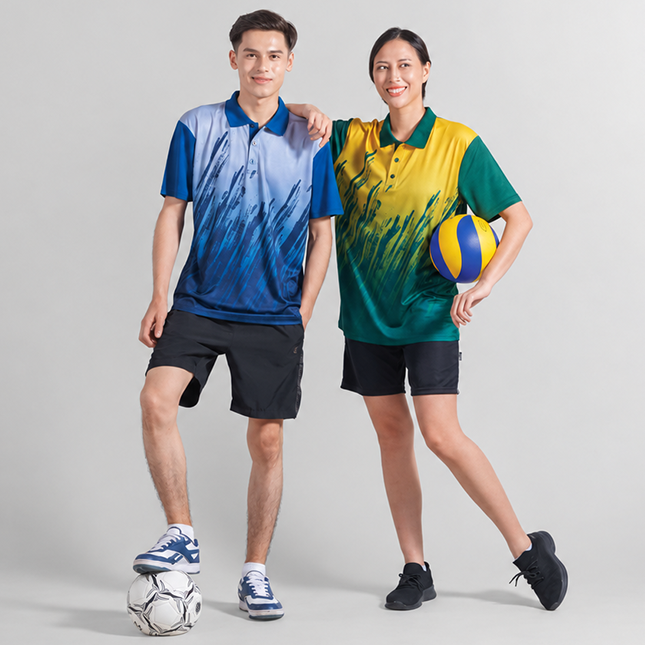 QD82 Quick Dry Sublimation Polo Brush Stroke Gradient Model 1 Qd82 quick dry sublimation polo brush stroke gradient worn by model
