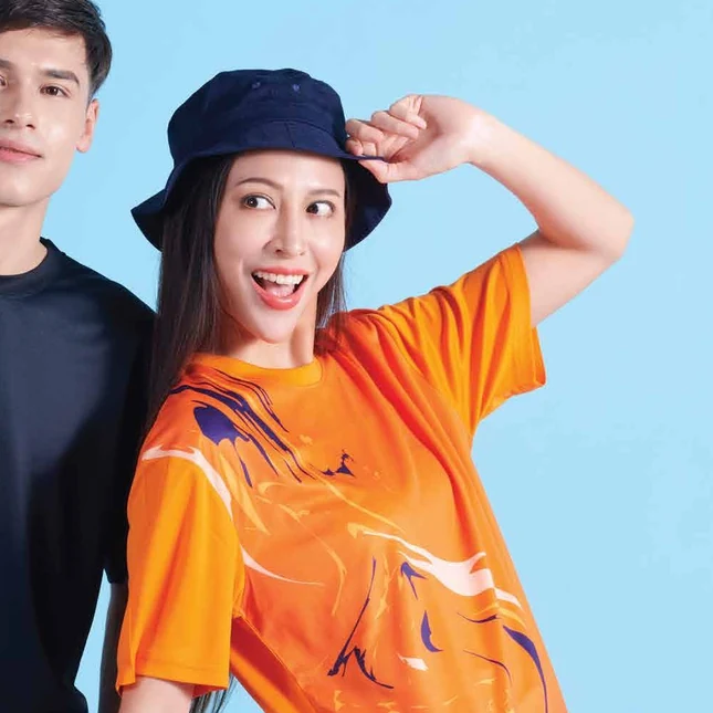 Qd89 quick dry sublimation t-shirt marble swirl worn by model