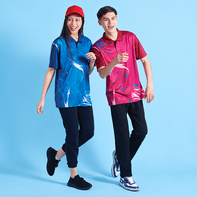 QD90 Quick Dry Sublimation Polo Marble Swirl Model 1 Qd90 quick dry sublimation polo marble swirl worn by model