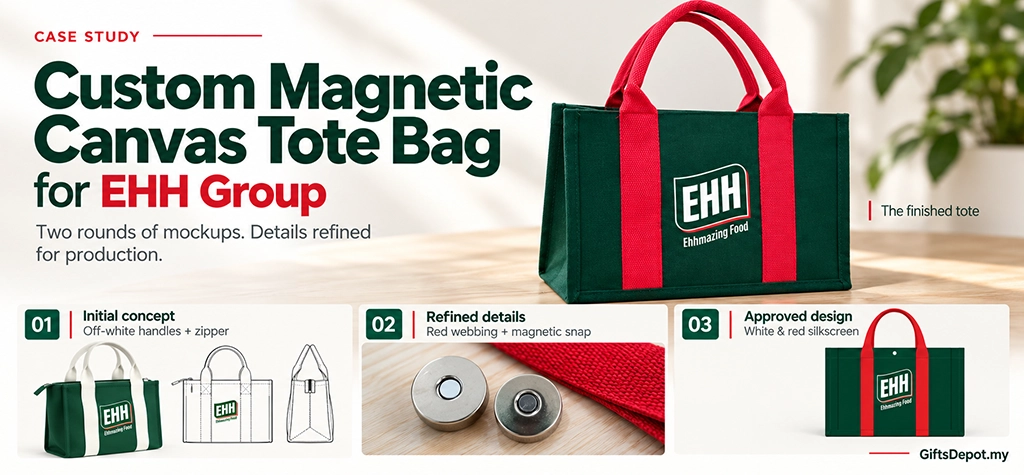 Custom magnetic canvas tote bag case study for ehh group, green canvas with red handles from initial concept to approved design