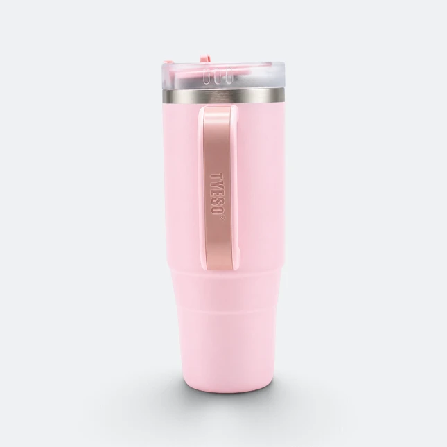 Gmg2178 tyeso vacuum tumbler with handle and straw pink side view, thermal flask corporate gift malaysia with logo printing