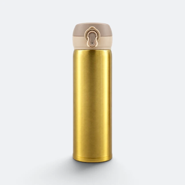 Gmg2194 flipsy glossy vacuum flask with flip lid gold front view, thermal flask corporate gift malaysia with logo printing