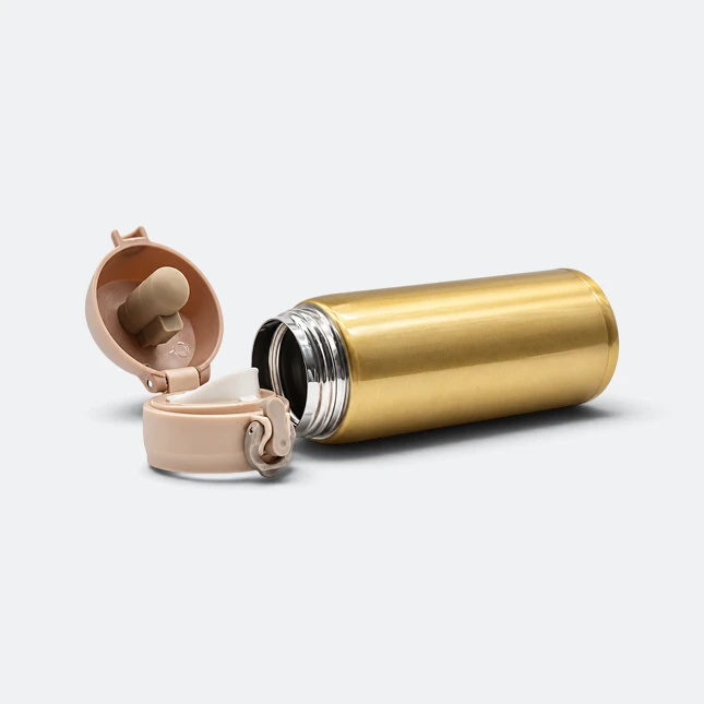 Gmg2194 flipsy glossy vacuum flask with flip lid gold open view, thermal flask corporate gift malaysia with logo printing