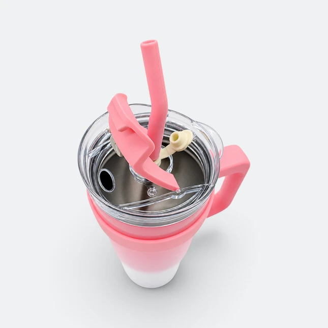 GMG2207 Venti Vacuum Tumbler with Handle and Straw Pink Lid Detail Gmg2207 venti vacuum tumbler with handle and straw pink lid detail view, thermal flask corporate gift malaysia with logo printing