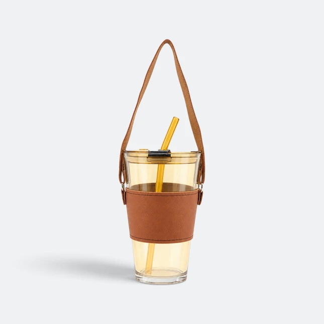 GMG2209 Sippa Glass Cup with Straw and PU Cover Amber Strap Side Gmg2209 sippa glass cup with straw and pu cover amber strap side view, glass drinkware corporate gift malaysia with logo printing