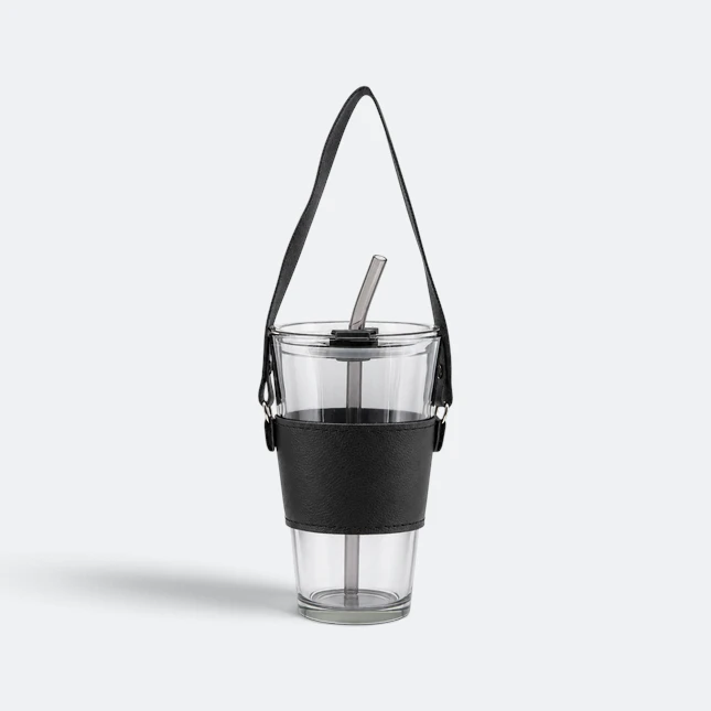 GMG2209 Sippa Glass Cup with Straw and PU Cover Transparent Strap Gmg2209 sippa glass cup with straw and pu cover transparent strap view, glass drinkware corporate gift malaysia with logo printing