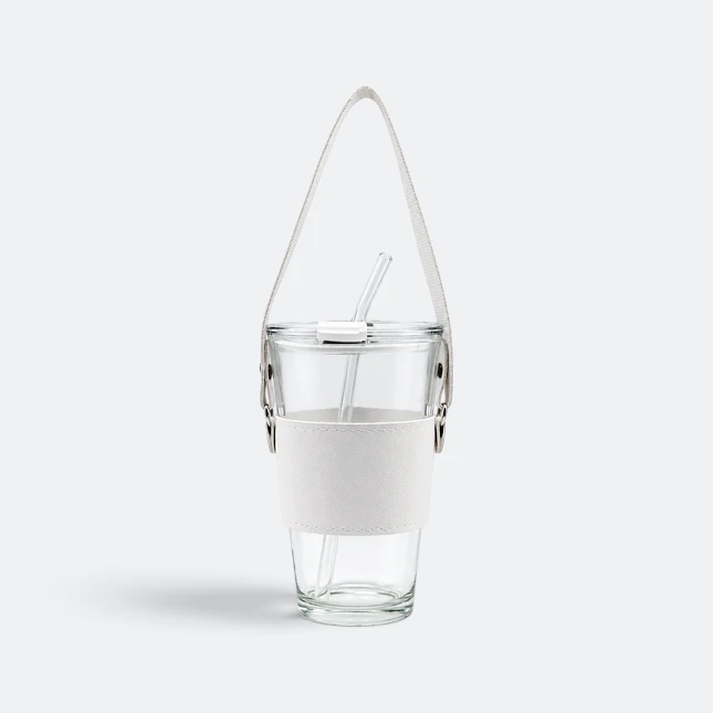 GMG2209 Sippa Glass Cup with Straw and PU Cover Transparent Strap Gmg2209 sippa glass cup with straw and pu cover transparent strap view, glass drinkware corporate gift malaysia with logo printing
