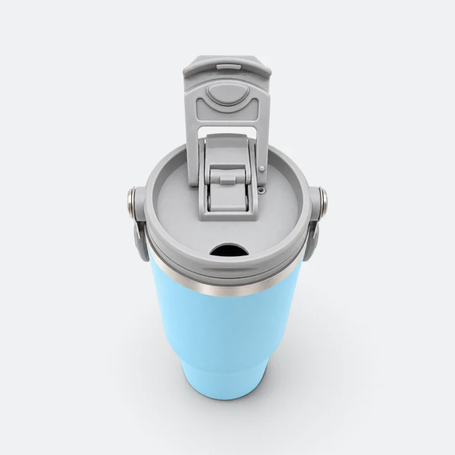 Gmg2210 tallo vacuum tumbler with carry handle sea blue lid open view, thermal flask corporate gift malaysia with logo printing
