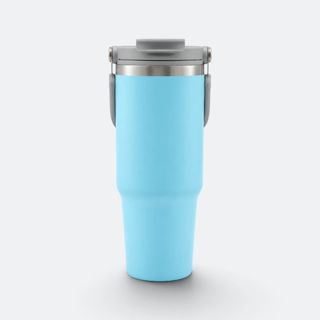 Gmg2210 tallo vacuum tumbler with carry handle sea blue side view, thermal flask corporate gift malaysia with logo printing