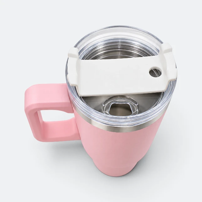 Gmg2211 mega vacuum tumbler with handle and straw pink lid detail view, thermal flask corporate gift malaysia with logo printing