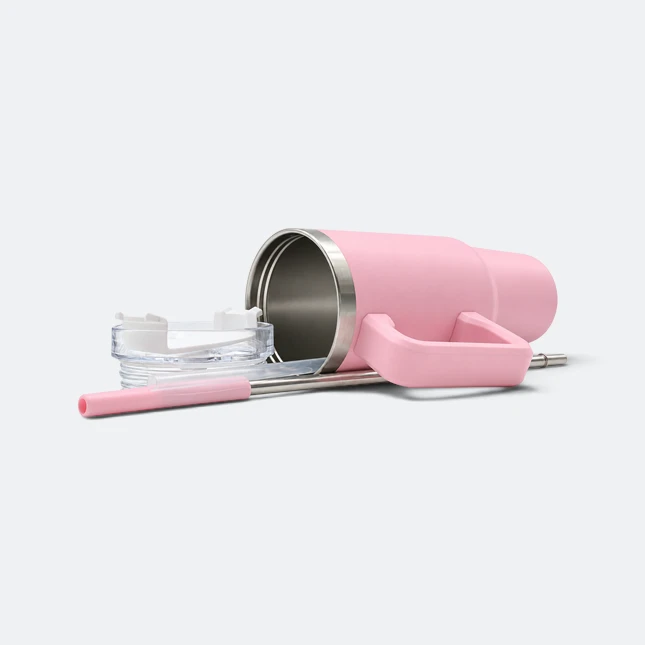 Gmg2211 mega vacuum tumbler with handle and straw pink parts view, thermal flask corporate gift malaysia with logo printing