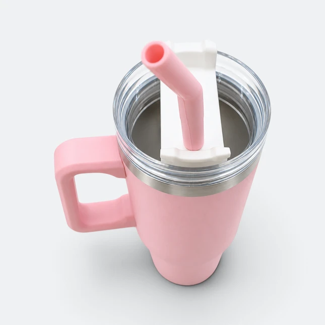 Gmg2211 mega vacuum tumbler with handle and straw pink top view, thermal flask corporate gift malaysia with logo printing