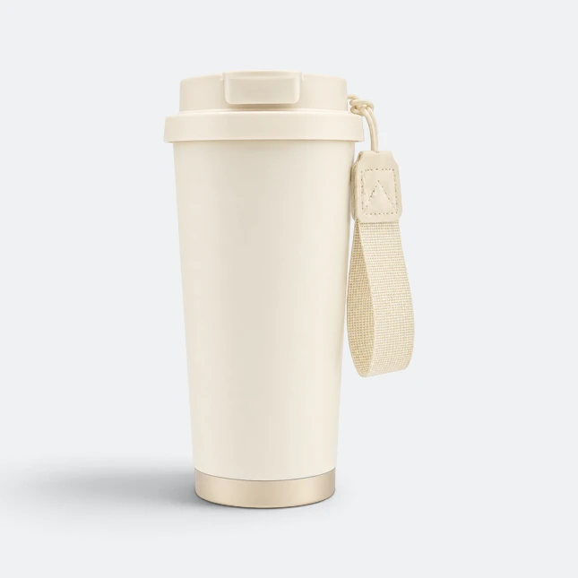 Gmg2212 latte double wall auto mug with strap beige view, thermal flask corporate gift malaysia with logo printing