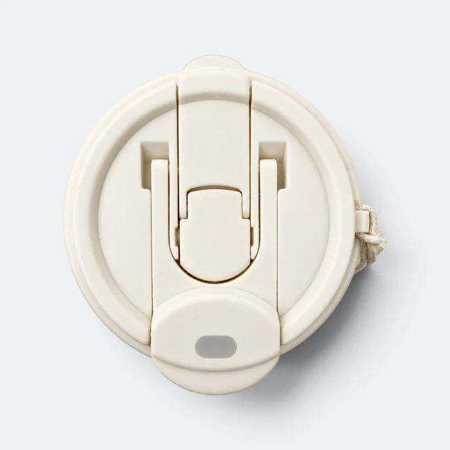Gmg2212 latte double wall auto mug with strap beige lid open view, thermal flask corporate gift malaysia with logo printing