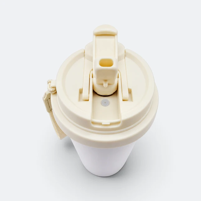 Gmg2212 latte double wall auto mug with strap beige lid side view, thermal flask corporate gift malaysia with logo printing