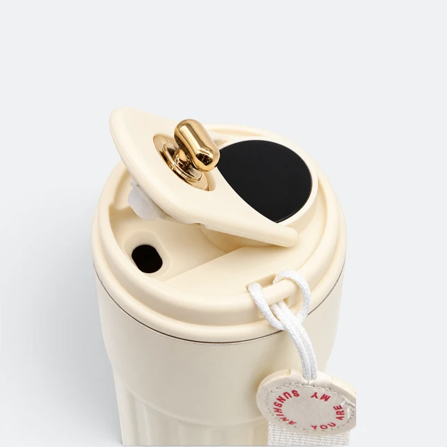 Gmg2216 ridge led temperature vacuum tumbler beige lid open view, thermal flask corporate gift malaysia with logo printing