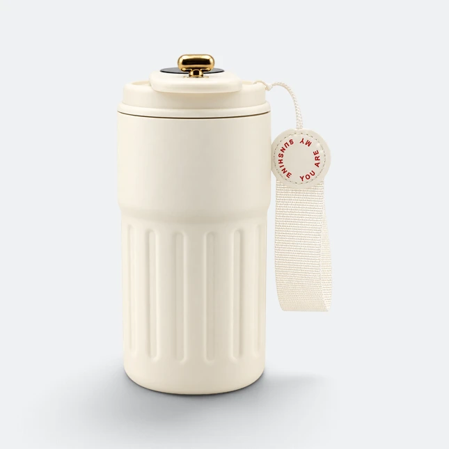 Gmg2216 ridge led temperature vacuum tumbler beige side view, thermal flask corporate gift malaysia with logo printing