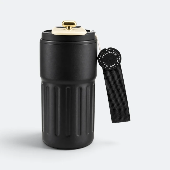 Gmg2216 ridge led temperature vacuum tumbler black side view, thermal flask corporate gift malaysia with logo printing