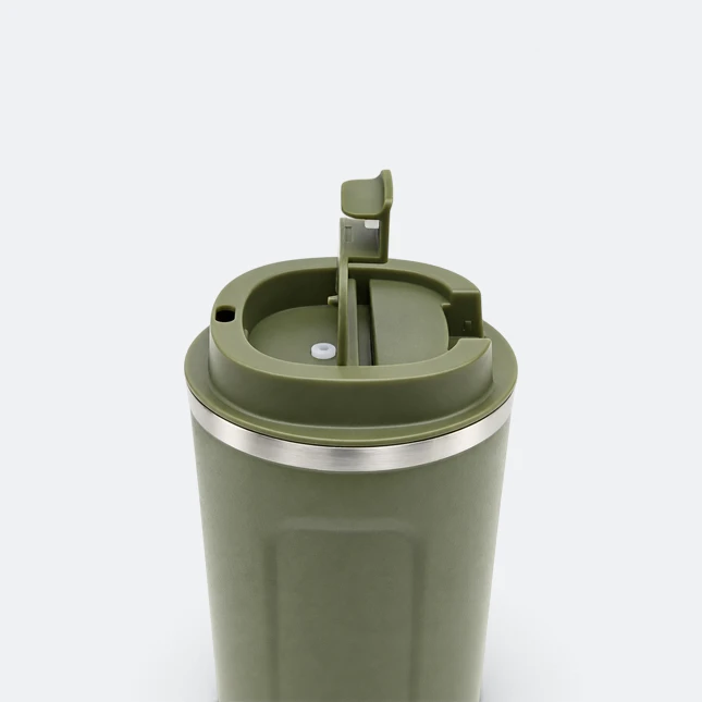 Gmg2217 plaino vacuum coffee tumbler army green lid open view, thermal flask corporate gift malaysia with logo printing