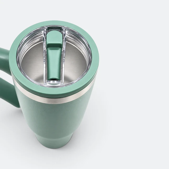 Gmg2221 jumbo vacuum tumbler with handle army green lid view, thermal flask corporate gift malaysia with logo printing