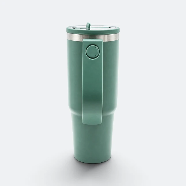 Gmg2221 jumbo vacuum tumbler with handle army green side view, thermal flask corporate gift malaysia with logo printing