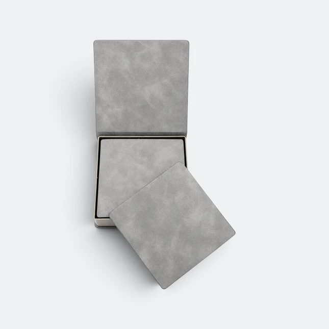 Gmg2225 grainy pu leather square coaster set grey set open view, coaster corporate gift malaysia with logo printing
