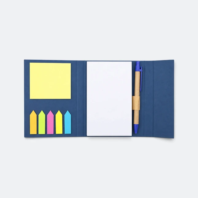 Gmg3253 krafto eco notepad with pen and sticky notes navy blue open view, eco notepad corporate gift malaysia with logo printing