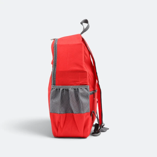 Gmg4231 packa foldable backpack 3 compartment red side view, backpack corporate gift malaysia with logo printing