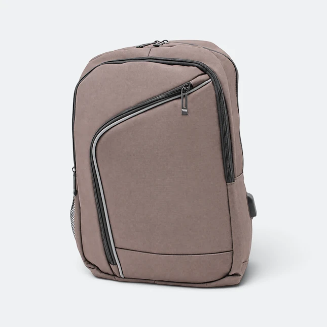 Gmg4238 zephyr silk fabric diagonal zip backpack brown view, backpack corporate gift malaysia with logo printing
