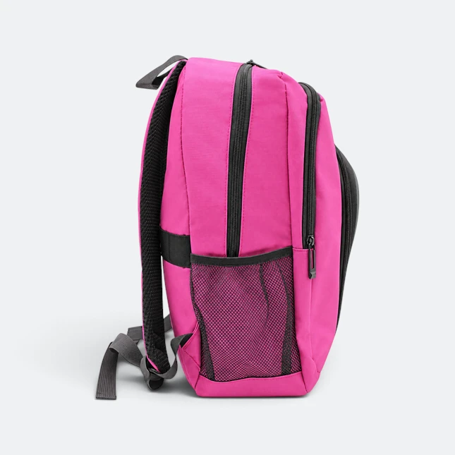 Gmg4238 zephyr silk fabric diagonal zip backpack magenta side pocket view, backpack corporate gift malaysia with logo printing