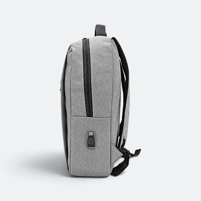 Gmg4239 expandra laptop backpack 3 compartment grey usb side view, laptop bag corporate gift malaysia with logo printing