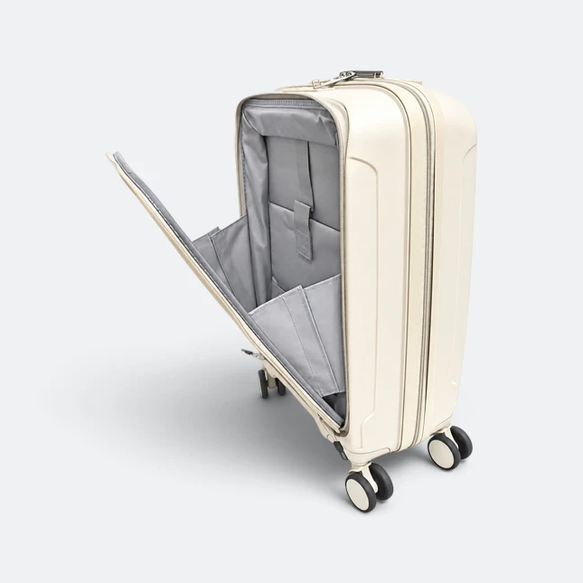 Gmg4256 stratos front pocket hard luggage 20" beige open view, travel bag corporate gift malaysia with logo printing