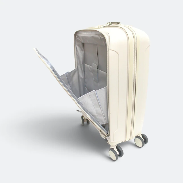 Gmg4256 stratos front pocket hard luggage 20" beige open 2 view, travel bag corporate gift malaysia with logo printing