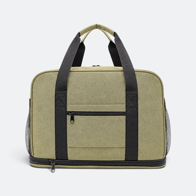 Gmg4258 transit nylon duffel travel bag khaki open pocket view, travel bag corporate gift malaysia with logo printing