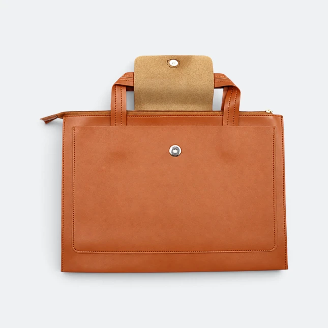 Gmg4275 portia pu leather seminar folder with handle brown front view, document bag corporate gift malaysia with logo printing