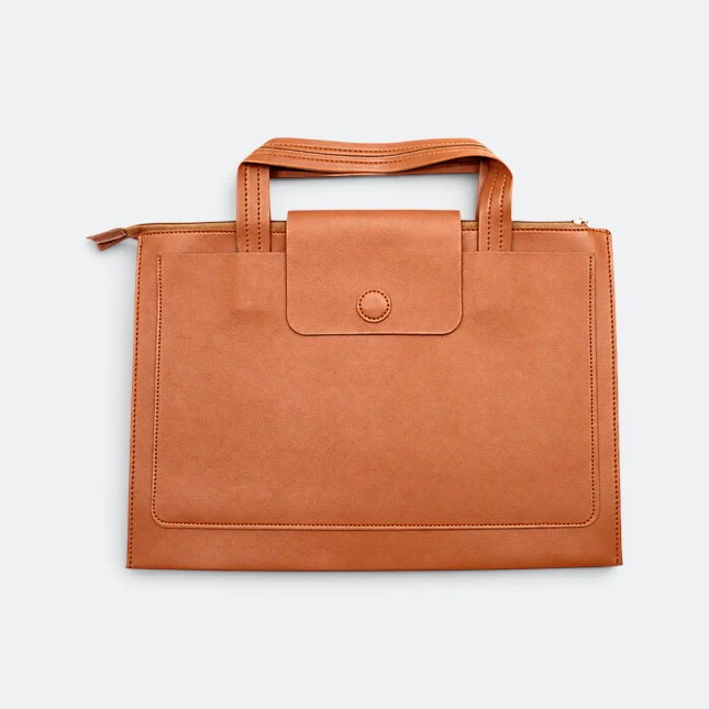 Gmg4275 portia pu leather seminar folder with handle brown side view, document bag corporate gift malaysia with logo printing