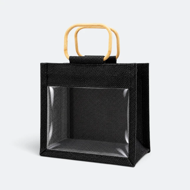 Gmg5127 windowa jute bag with cane handle black view, jute tote bag corporate gift malaysia with logo printing