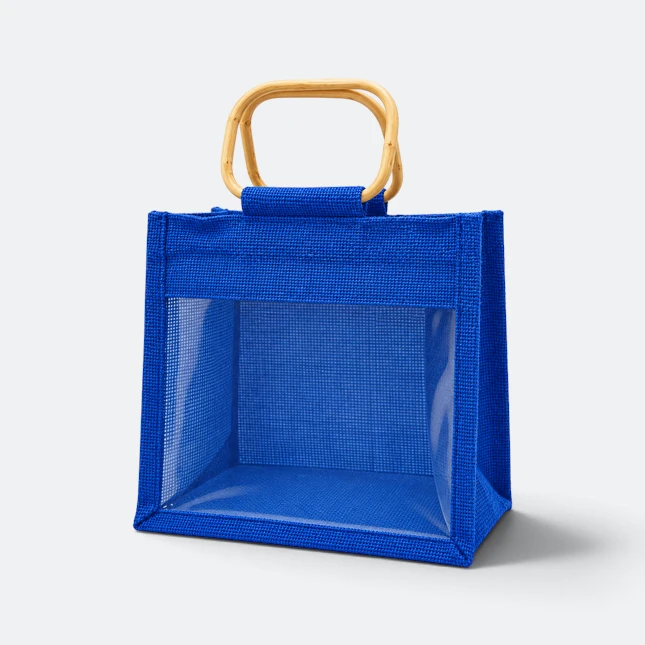 Gmg5127 windowa jute bag with cane handle royal blue view, jute tote bag corporate gift malaysia with logo printing