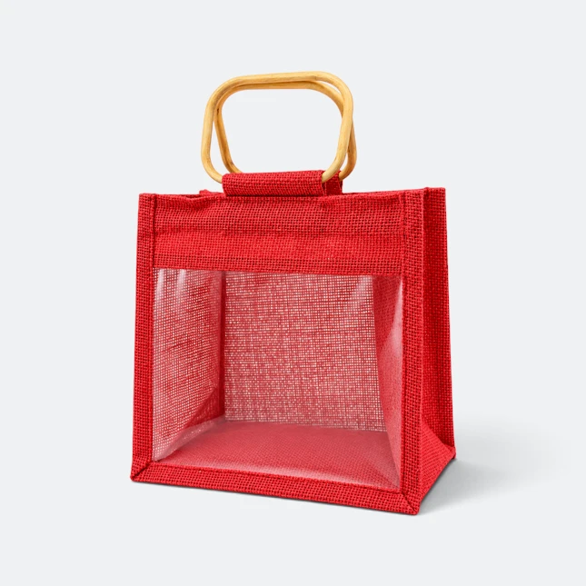 Gmg5127 windowa jute bag with cane handle red view, jute tote bag corporate gift malaysia with logo printing