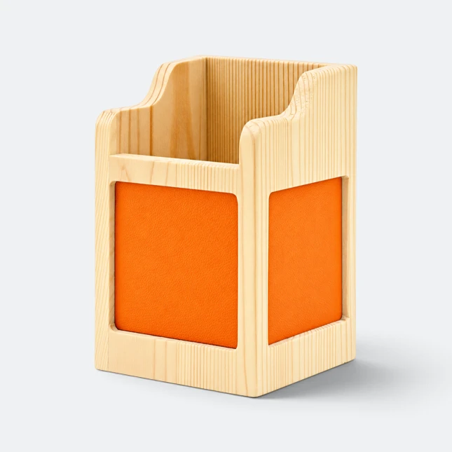 Gmg7070 woody wooden pen holder with colour panel orange side view, storage organizer corporate gift malaysia with logo printing