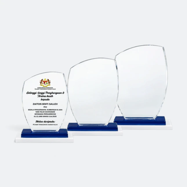 Gmg9311 crystal shield plaque with blue base all three sizes, corporate award plaque malaysia with custom logo printing