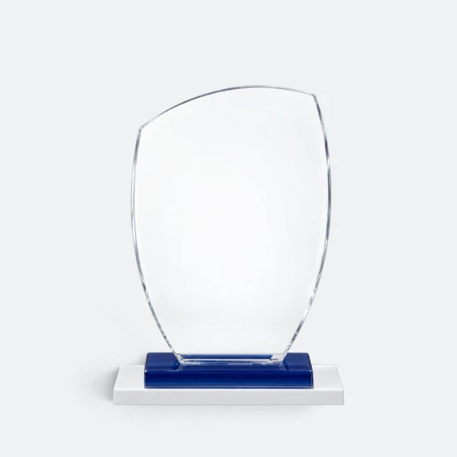 Gmg9311 crystal shield plaque with blue base medium size, corporate award plaque malaysia with custom logo printing