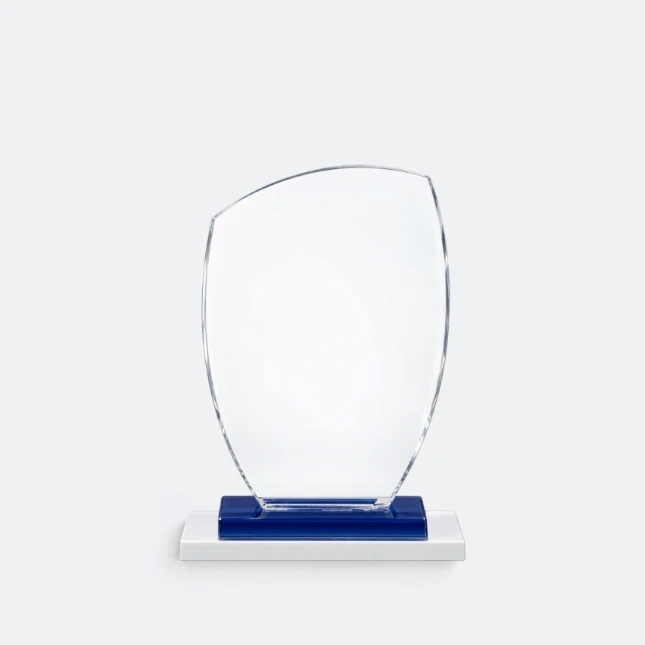 Gmg9311 crystal shield plaque with blue base small size, corporate award plaque malaysia with custom logo printing
