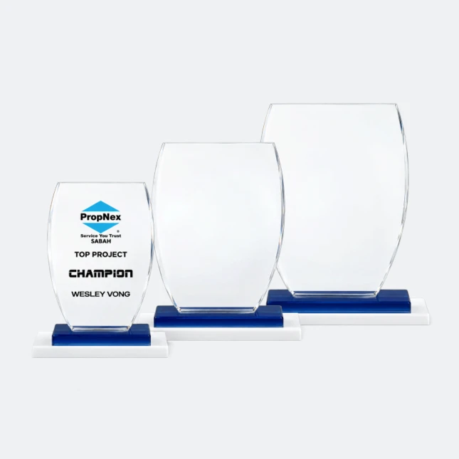 Gmg9312 crystal tablet plaque with blue base all three sizes, corporate award plaque malaysia with custom logo printing