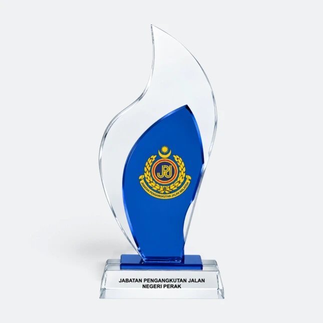 Gmg9321 crystal flame plaque with blue core with sample logo printing, corporate award plaque malaysia with custom logo printing