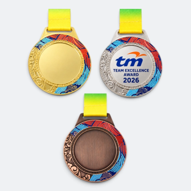Gmg9347 wave rim metal medal gold, silver and bronze, corporate medal malaysia with custom logo printing
