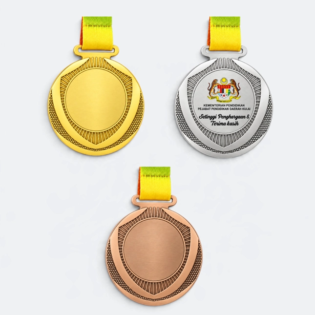 Gmg9349 fluted rim metal medal gold, silver and bronze, corporate medal malaysia with custom logo printing
