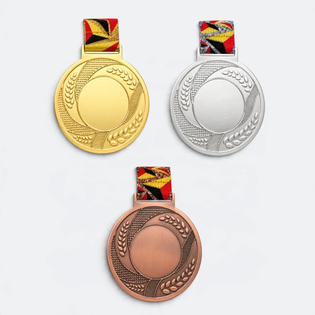 Gmg9351 laurel rim metal medal 7. 5cm gold, silver and bronze, corporate medal malaysia with custom logo printing