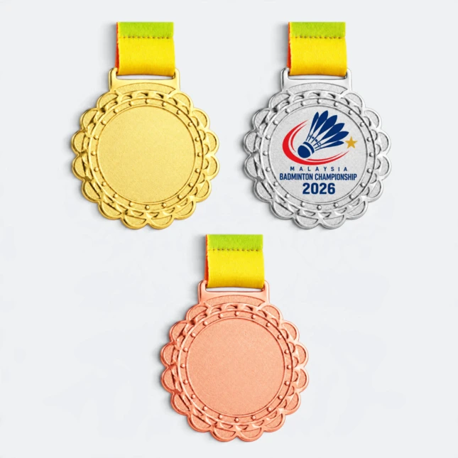 Gmg9352 scalloped edge metal medal gold, silver and bronze, corporate medal malaysia with custom logo printing
