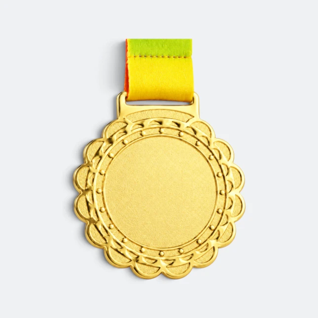 Gmg9352 scalloped edge metal medal gold, corporate medal malaysia with custom logo printing
